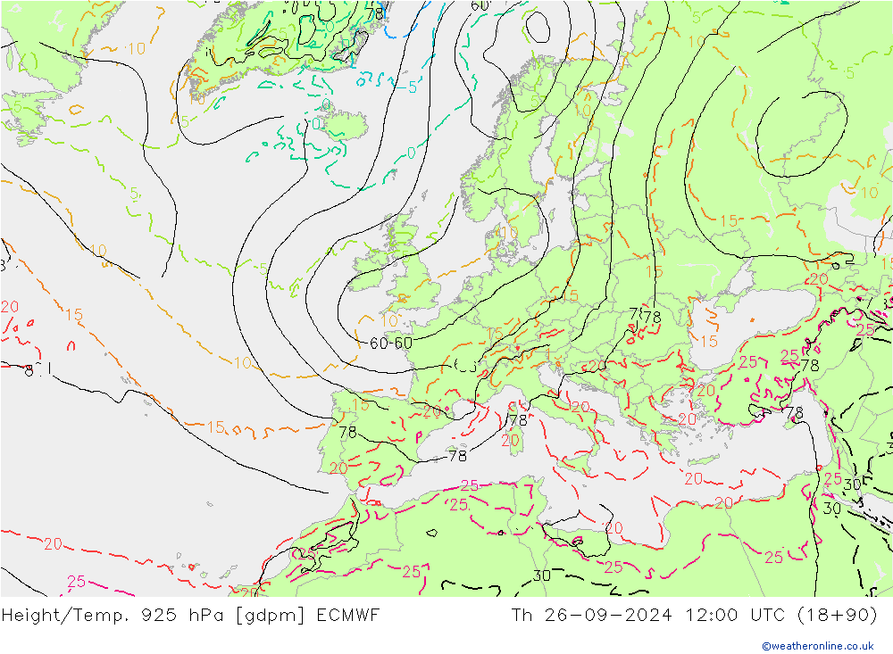 Géop./Temp. 925 hPa ECMWF jeu 26.09.2024 12 UTC