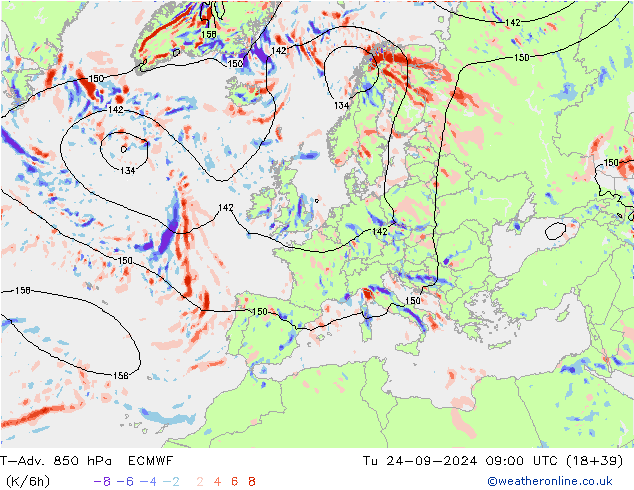 T-Adv. 850 hPa ECMWF Tu 24.09.2024 09 UTC