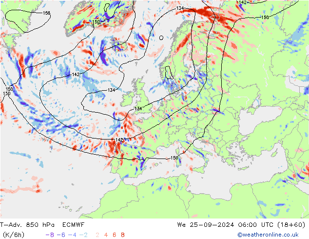 T-Adv. 850 hPa ECMWF Qua 25.09.2024 06 UTC