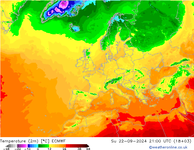 карта температуры ECMWF Вс 22.09.2024 21 UTC