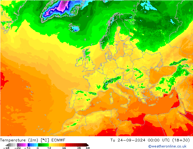 Temperature (2m) ECMWF Út 24.09.2024 00 UTC