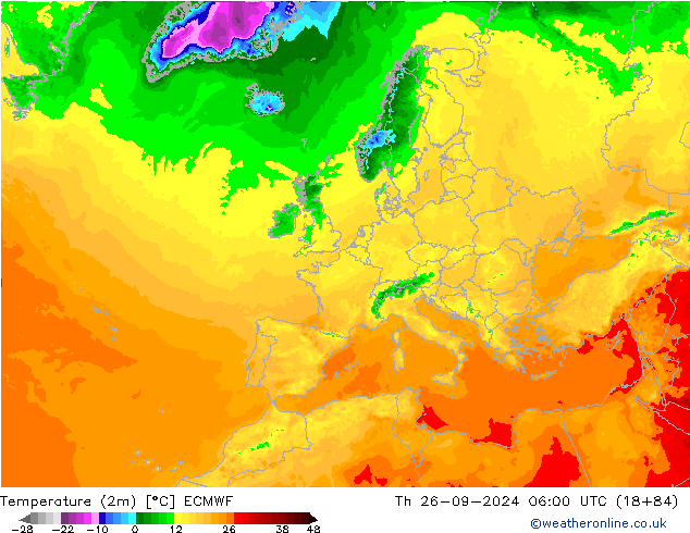 Temperatura (2m) ECMWF Qui 26.09.2024 06 UTC