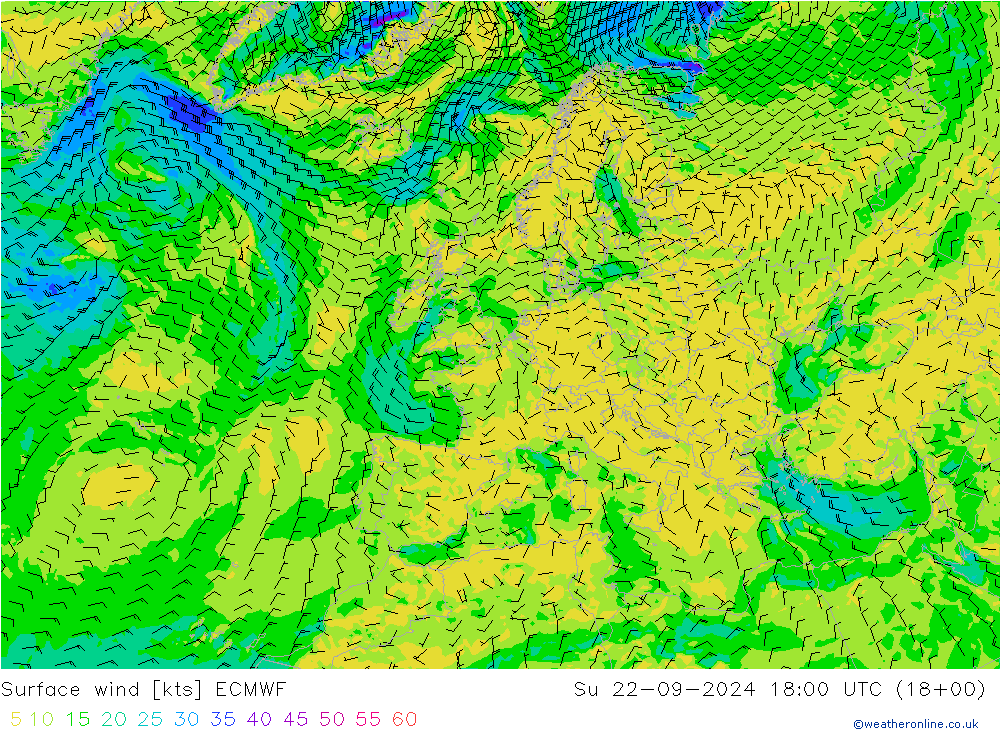 Vento 10 m ECMWF Dom 22.09.2024 18 UTC