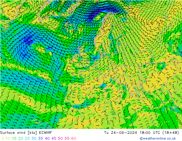 Vent 10 m ECMWF mar 24.09.2024 18 UTC