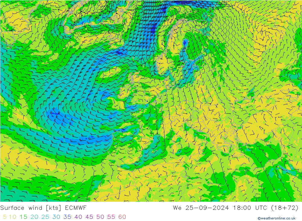 Rüzgar 10 m ECMWF Çar 25.09.2024 18 UTC