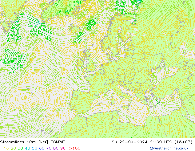 Streamlines 10m ECMWF Su 22.09.2024 21 UTC