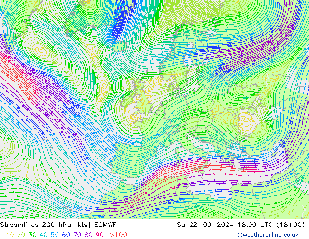 Stromlinien 200 hPa ECMWF So 22.09.2024 18 UTC