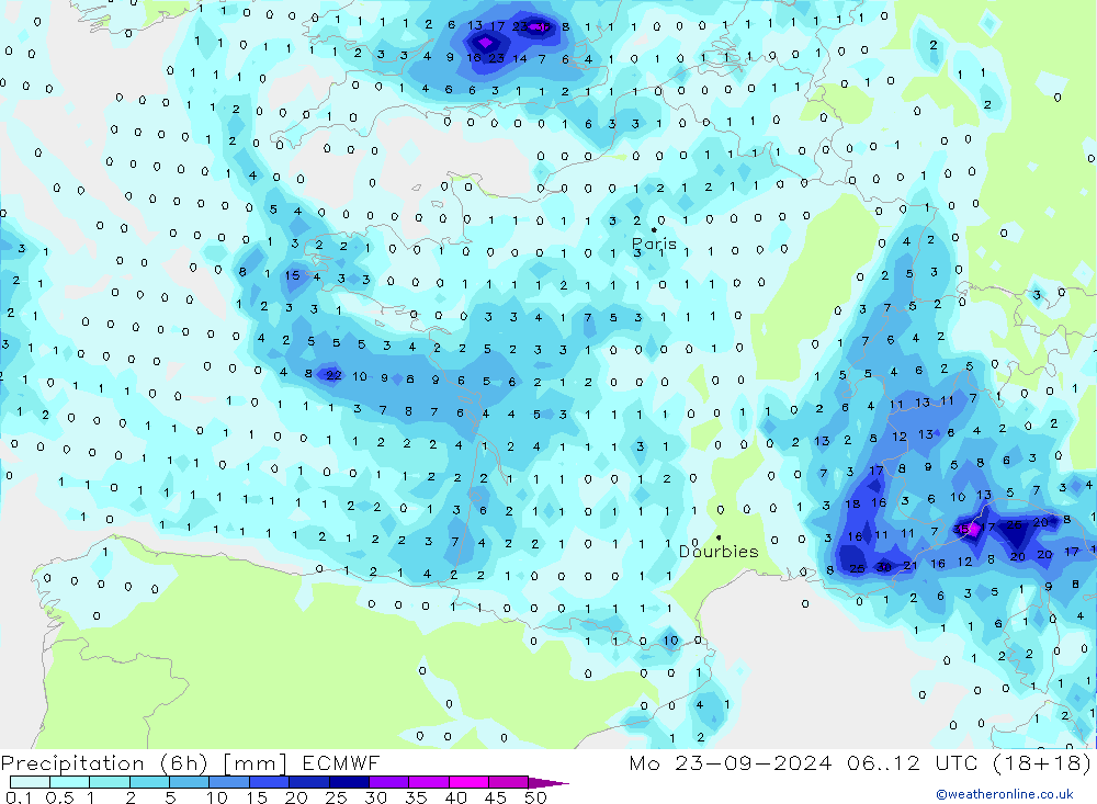 Z500/Rain (+SLP)/Z850 ECMWF Mo 23.09.2024 12 UTC