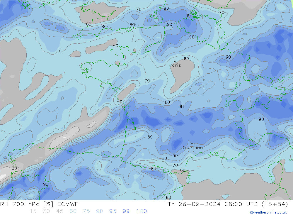 RH 700 hPa ECMWF Qui 26.09.2024 06 UTC