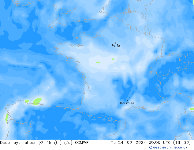 Deep layer shear (0-1km) ECMWF Tu 24.09.2024 00 UTC