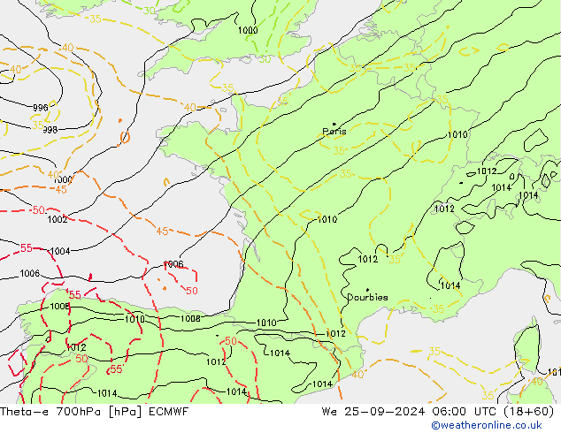 Theta-e 700hPa ECMWF St 25.09.2024 06 UTC