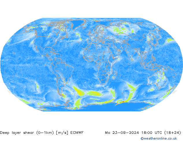 Deep layer shear (0-1km) ECMWF Mo 23.09.2024 18 UTC