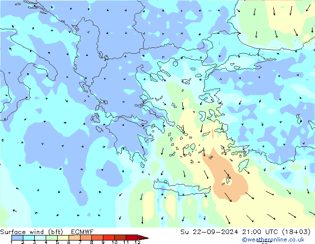 Vento 10 m (bft) ECMWF Dom 22.09.2024 21 UTC