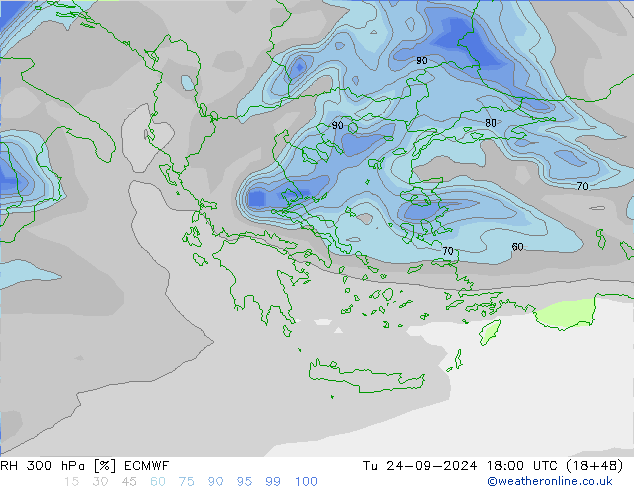 Humidité rel. 300 hPa ECMWF mar 24.09.2024 18 UTC