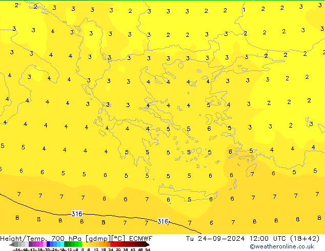 Yükseklik/Sıc. 700 hPa ECMWF Sa 24.09.2024 12 UTC