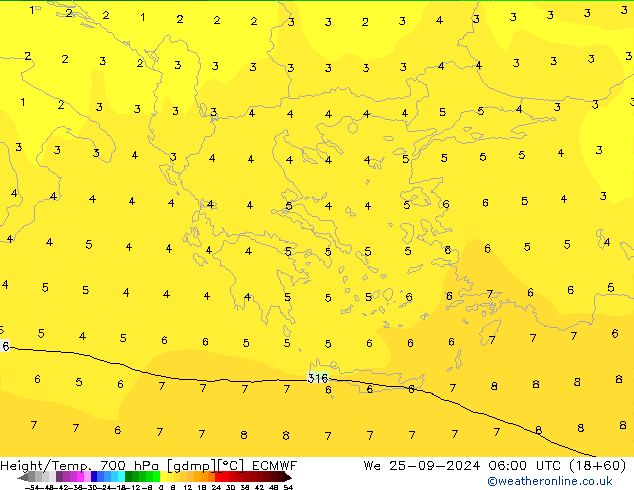 Height/Temp. 700 hPa ECMWF We 25.09.2024 06 UTC