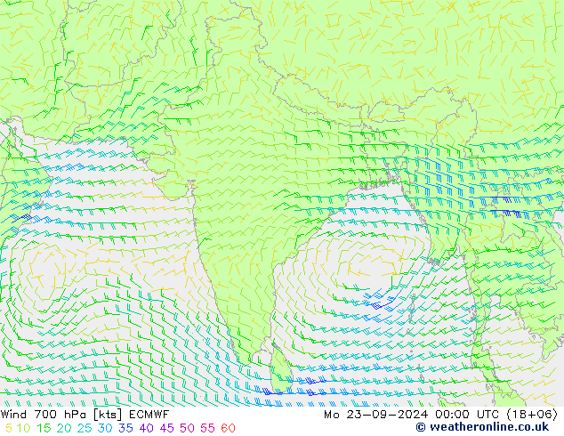 Wind 700 hPa ECMWF Mo 23.09.2024 00 UTC