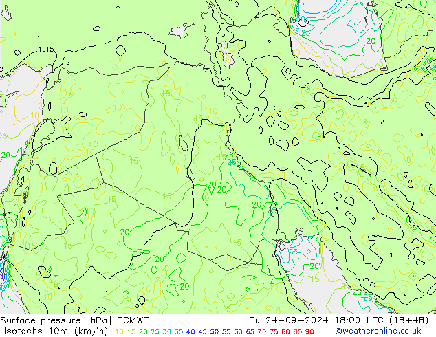 Isotachen (km/h) ECMWF di 24.09.2024 18 UTC