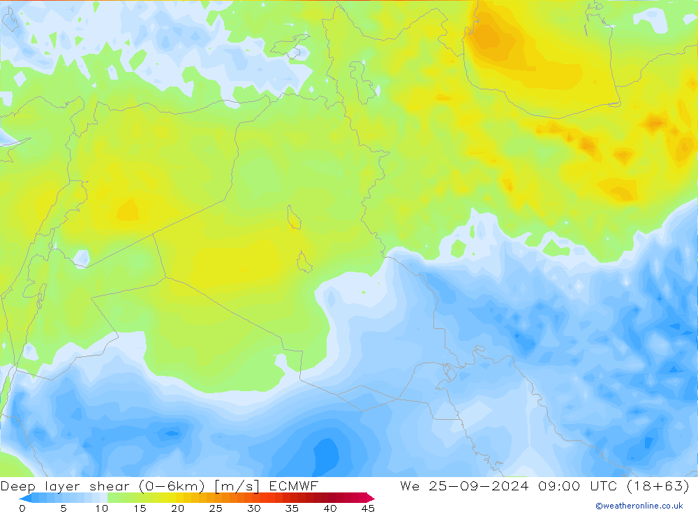 Deep layer shear (0-6km) ECMWF mié 25.09.2024 09 UTC