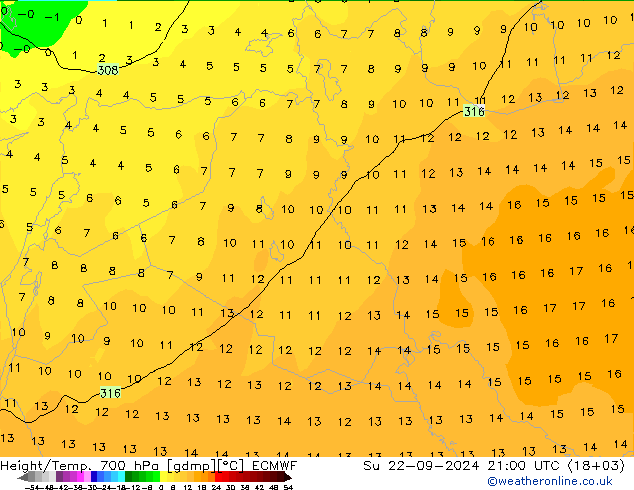 Height/Temp. 700 hPa ECMWF Su 22.09.2024 21 UTC