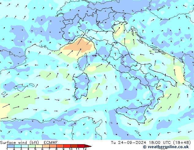 Viento 10 m (bft) ECMWF mar 24.09.2024 18 UTC