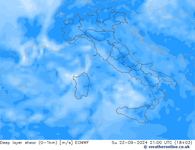 Deep layer shear (0-1km) ECMWF Su 22.09.2024 21 UTC