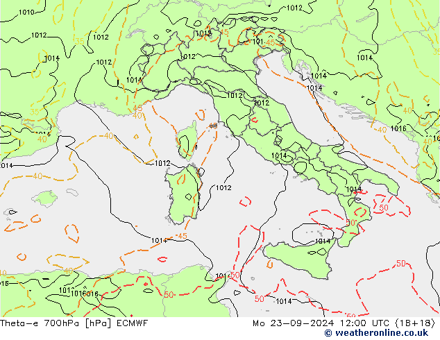 Theta-e 700hPa ECMWF ma 23.09.2024 12 UTC