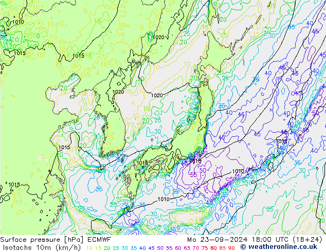 Isotachs (kph) ECMWF пн 23.09.2024 18 UTC