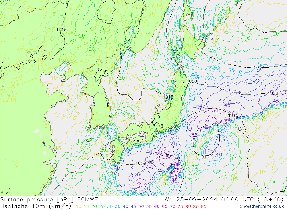 Izotacha (km/godz) ECMWF śro. 25.09.2024 06 UTC