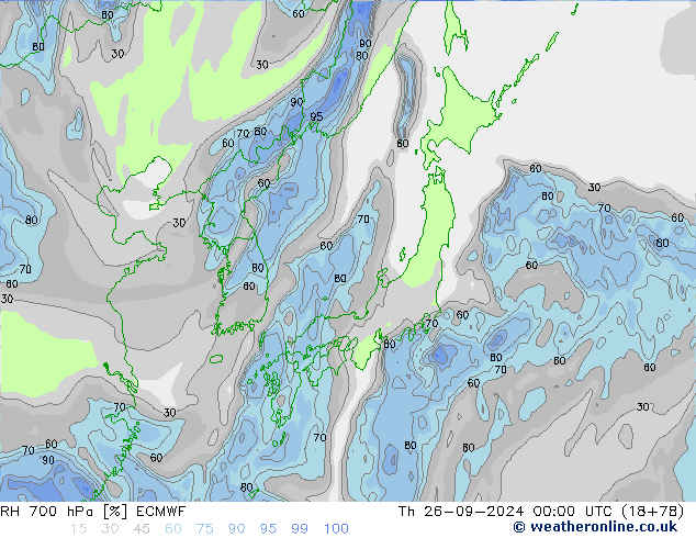 RH 700 hPa ECMWF czw. 26.09.2024 00 UTC