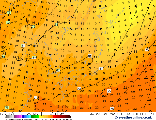 Height/Temp. 925 hPa ECMWF Po 23.09.2024 18 UTC