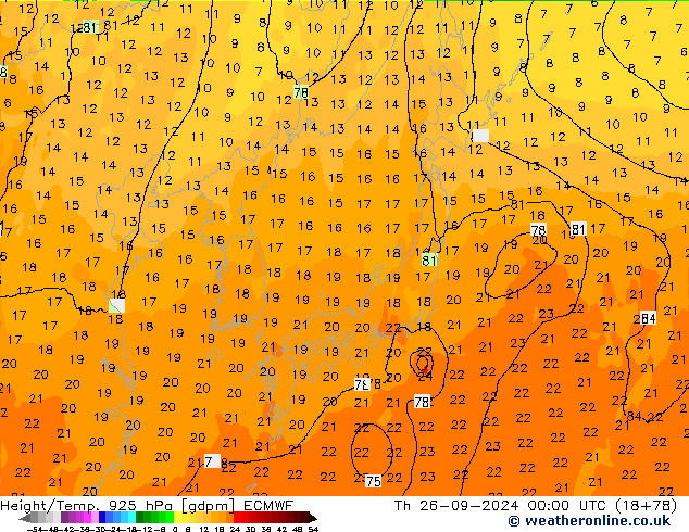 Géop./Temp. 925 hPa ECMWF jeu 26.09.2024 00 UTC