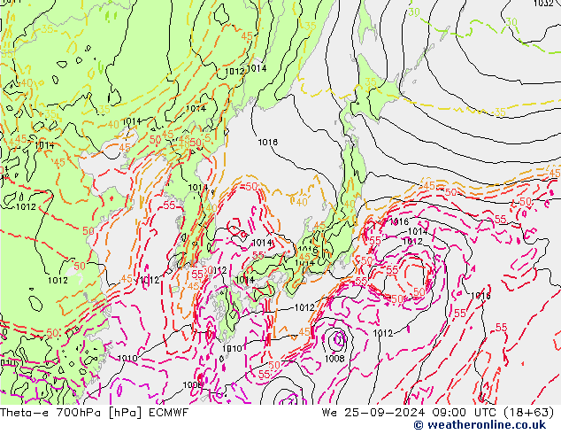 Theta-e 700hPa ECMWF śro. 25.09.2024 09 UTC