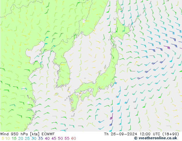 wiatr 950 hPa ECMWF czw. 26.09.2024 12 UTC