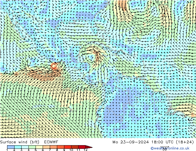 wiatr 10 m (bft) ECMWF pon. 23.09.2024 18 UTC