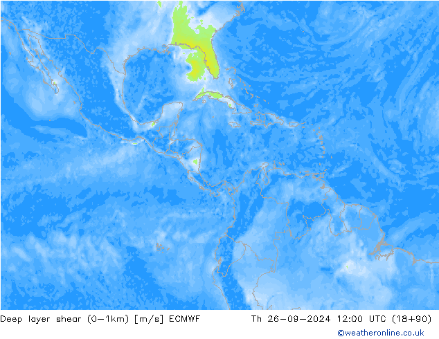 Deep layer shear (0-1km) ECMWF Čt 26.09.2024 12 UTC