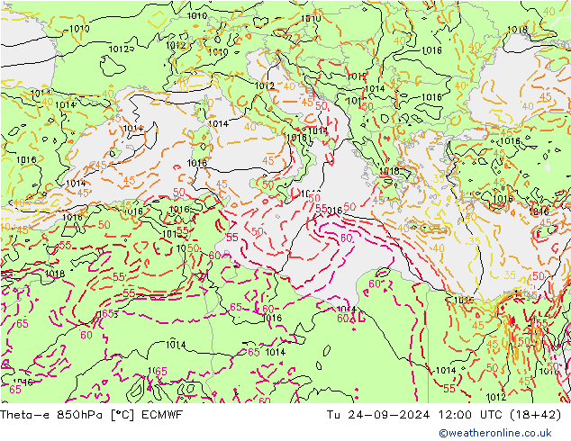 Theta-e 850hPa ECMWF Tu 24.09.2024 12 UTC