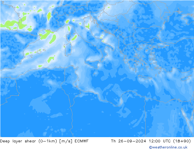 Deep layer shear (0-1km) ECMWF Do 26.09.2024 12 UTC