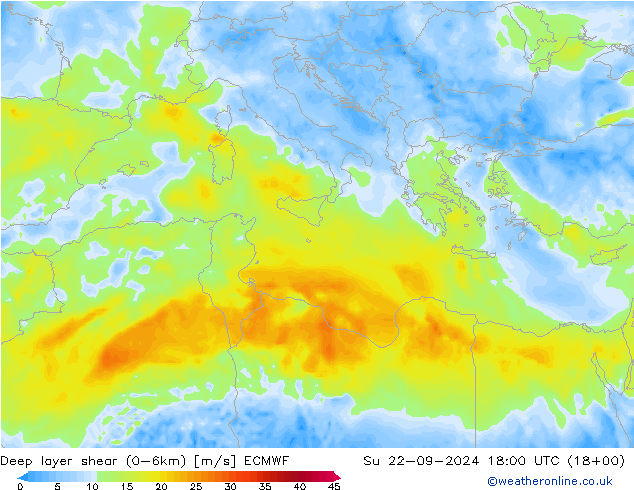 Deep layer shear (0-6km) ECMWF Paz 22.09.2024 18 UTC