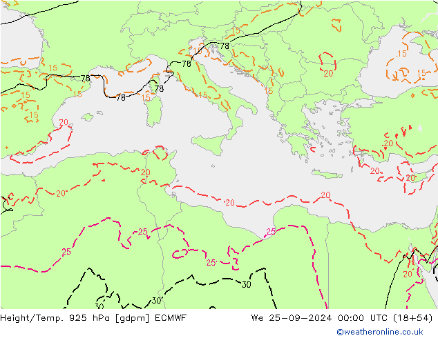 Geop./Temp. 925 hPa ECMWF mié 25.09.2024 00 UTC