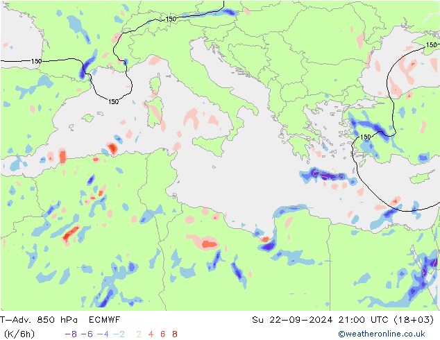 T-Adv. 850 hPa ECMWF nie. 22.09.2024 21 UTC