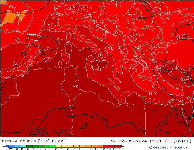 Theta-W 850hPa ECMWF Ne 22.09.2024 18 UTC