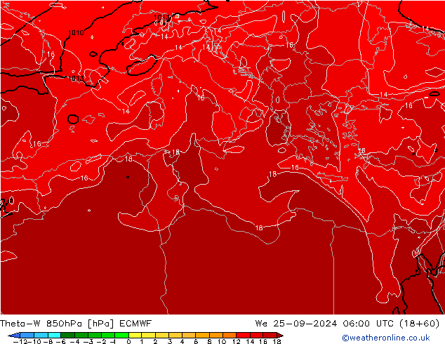 Theta-W 850гПа ECMWF ср 25.09.2024 06 UTC