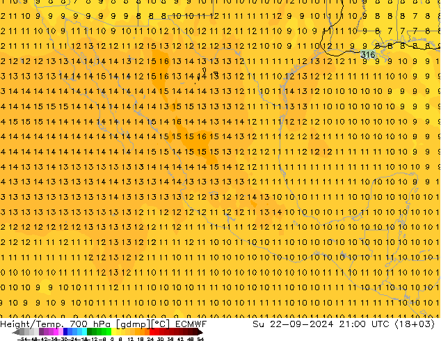 Height/Temp. 700 hPa ECMWF Su 22.09.2024 21 UTC