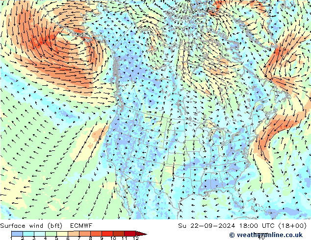 Viento 10 m (bft) ECMWF dom 22.09.2024 18 UTC