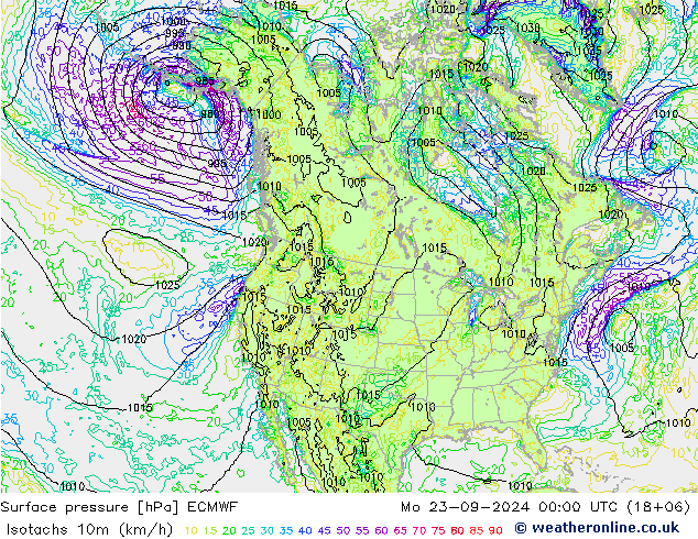 Isotachs (kph) ECMWF  23.09.2024 00 UTC