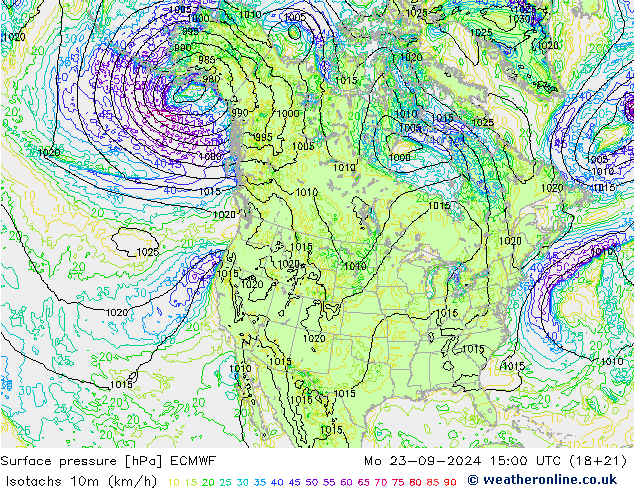 Isotachen (km/h) ECMWF ma 23.09.2024 15 UTC