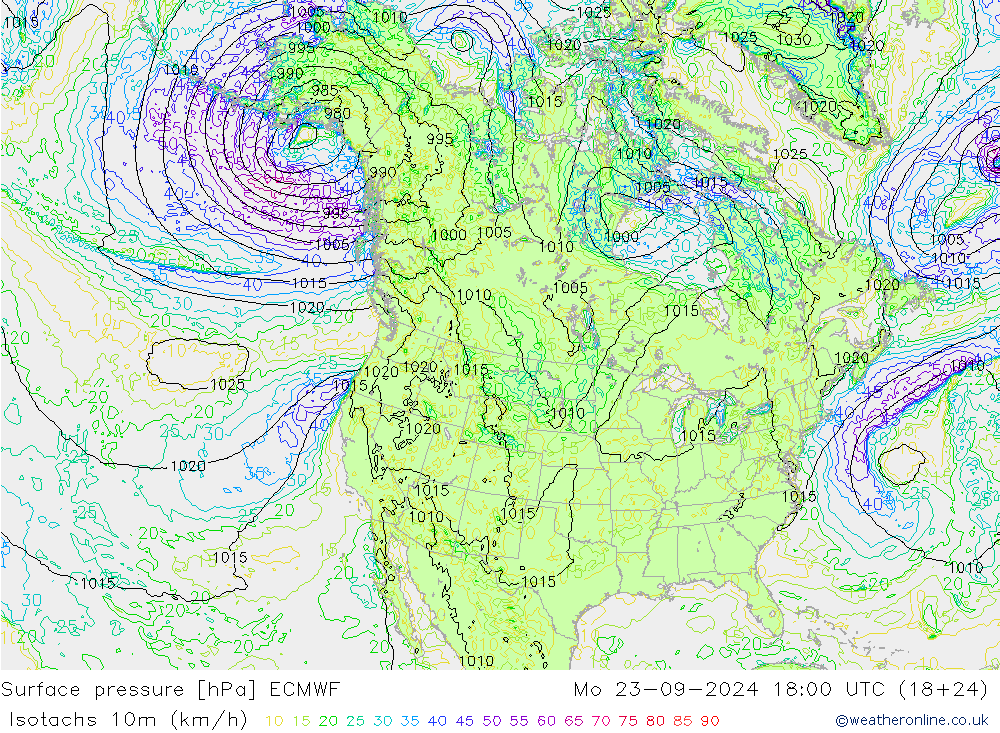 Isotachen (km/h) ECMWF ma 23.09.2024 18 UTC