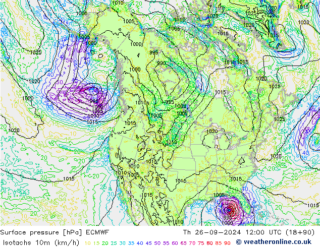 Isotachen (km/h) ECMWF Do 26.09.2024 12 UTC