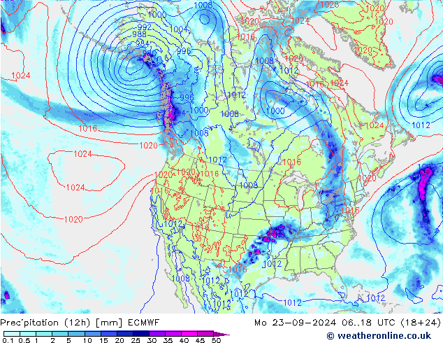 Precipitation (12h) ECMWF Mo 23.09.2024 18 UTC